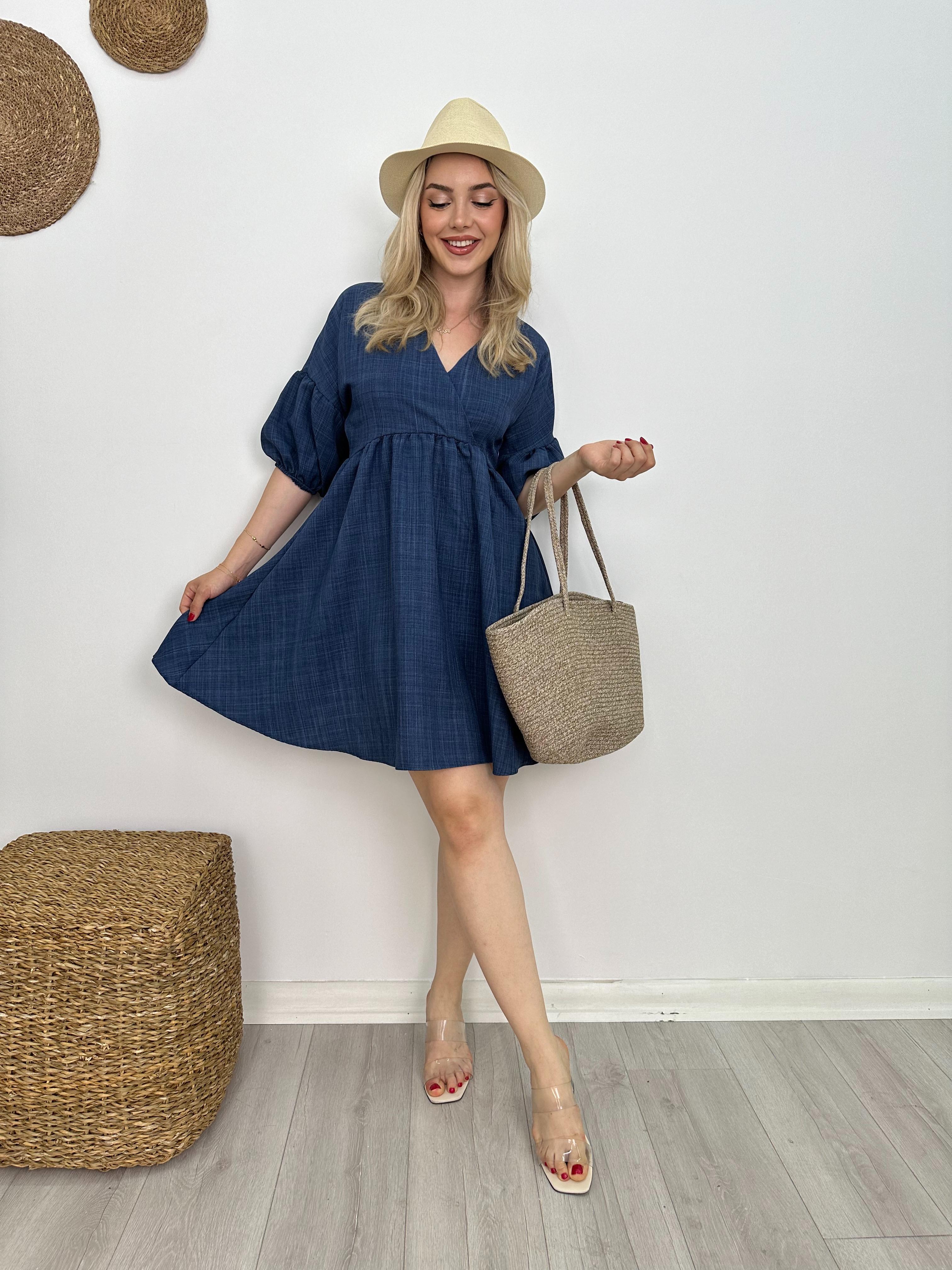 

Linen Short Summer Dress S синій