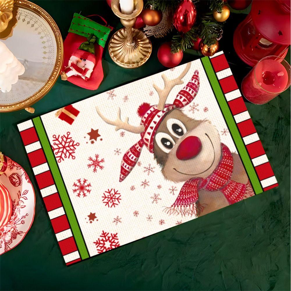 

Linen Christmas Placemat Xmas Tree Elk Print Thermal Insulation Placemat Bowl Coffee Cup Pad Mat Anti-dirty Dining Table Mat