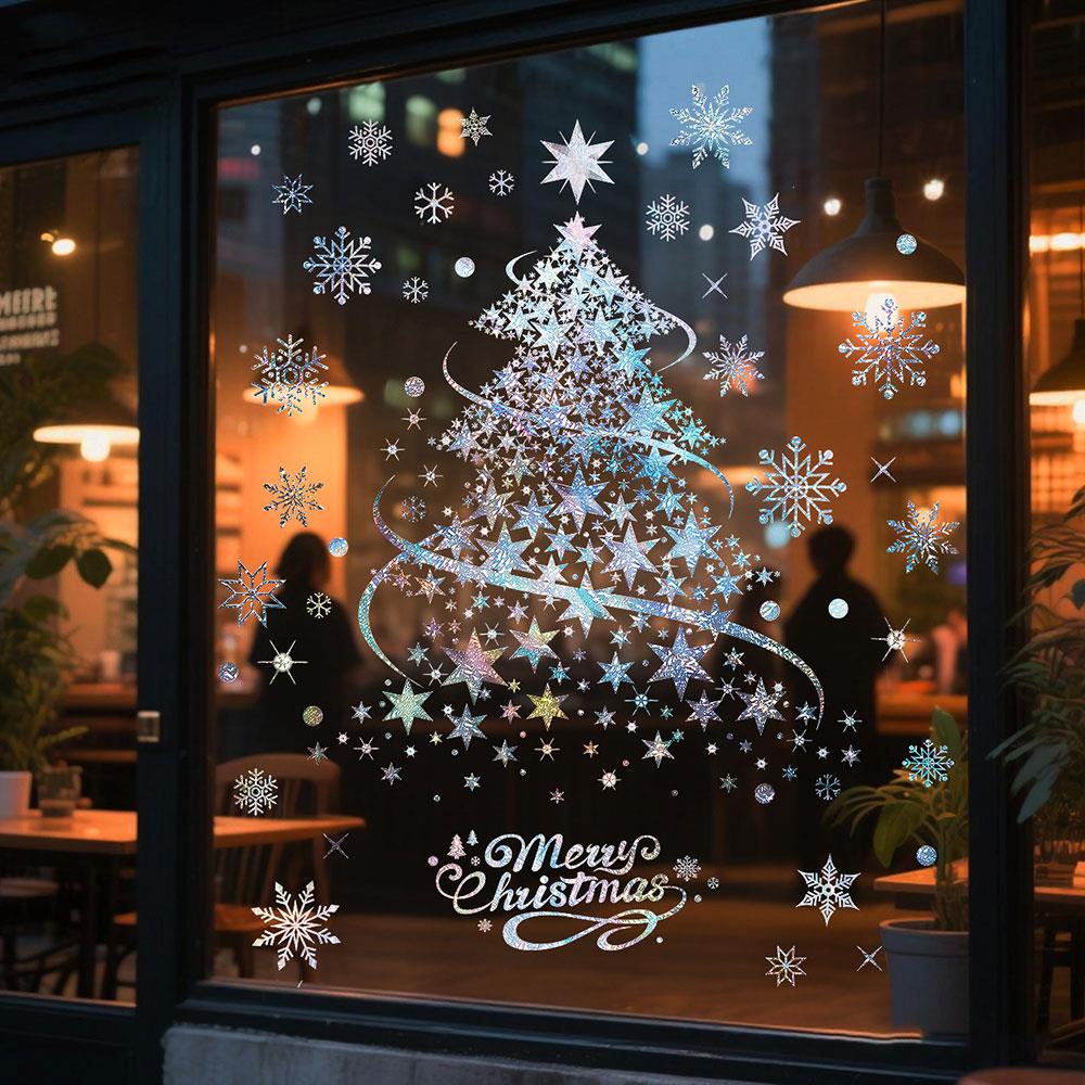 Christmas Decoration Window Stickers Golden Xmas Tree Window Clings Stickers Glass Mirror Sticker New Year Door Mural Sticker