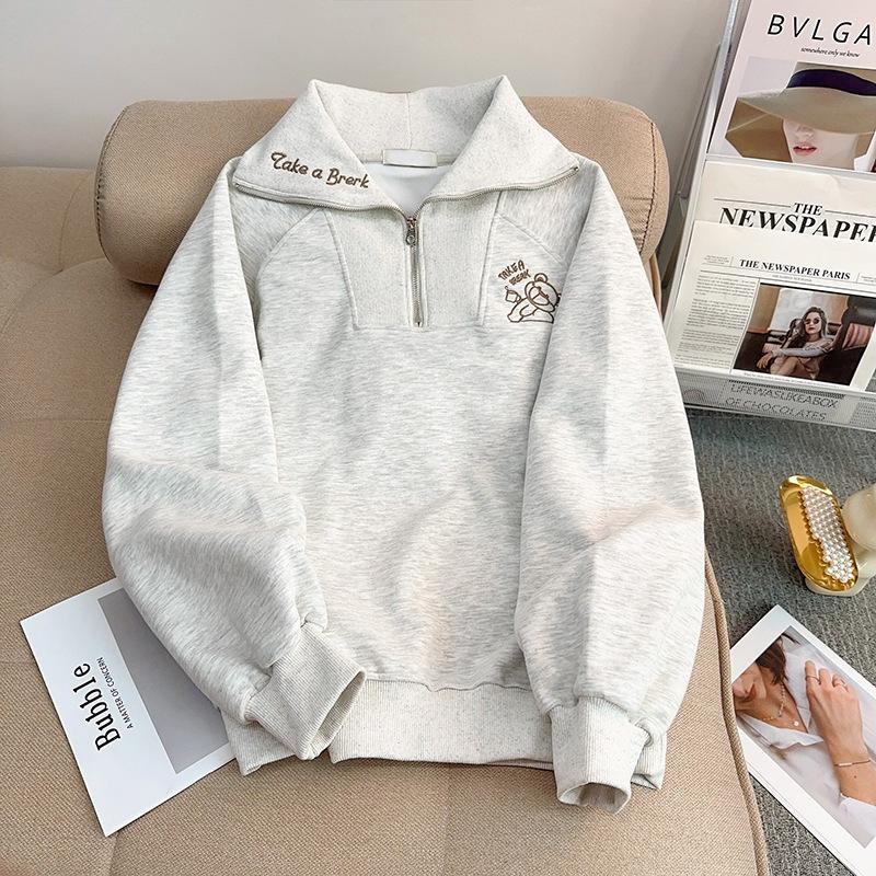 

{Hua Mian Composite 320g} Autumn Thin Bear Embroidered Half Zipper Pink Purple Polo Neck Sweater XL