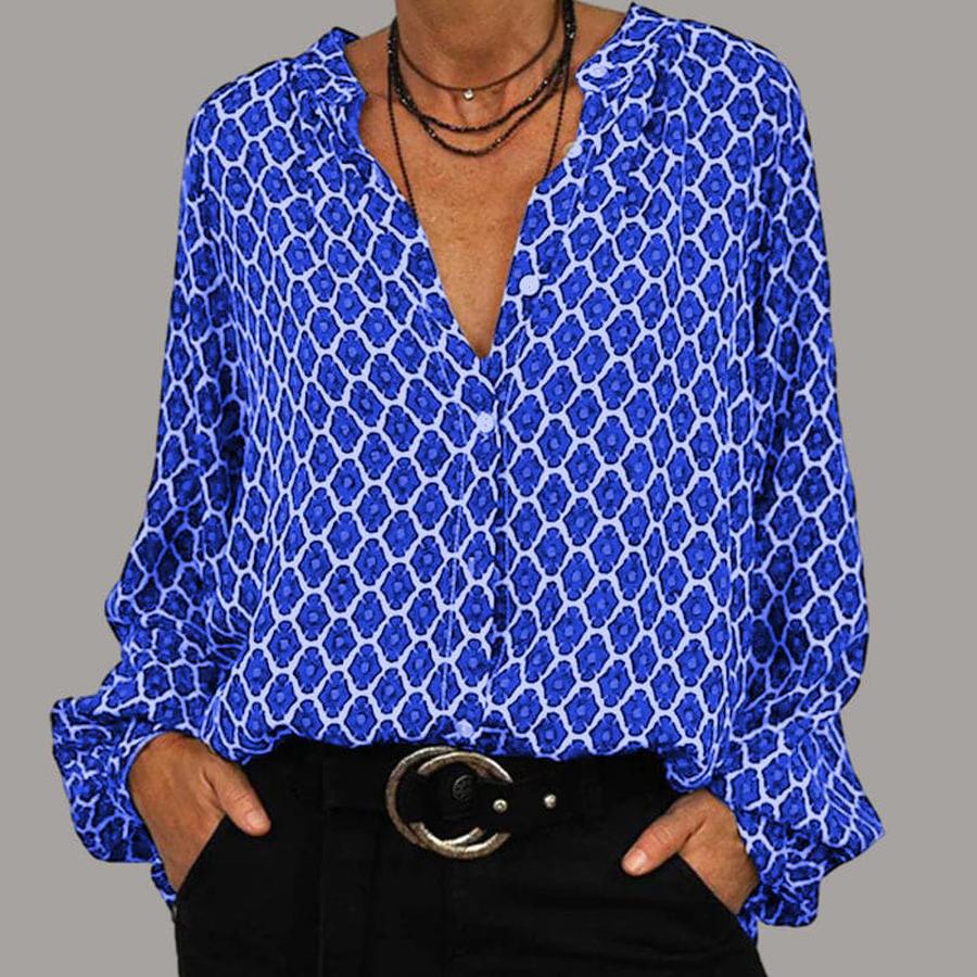 New Women's Spring Season V-Neck Long Sleeve Printed Fashion Elegant T-Shirt Blouse