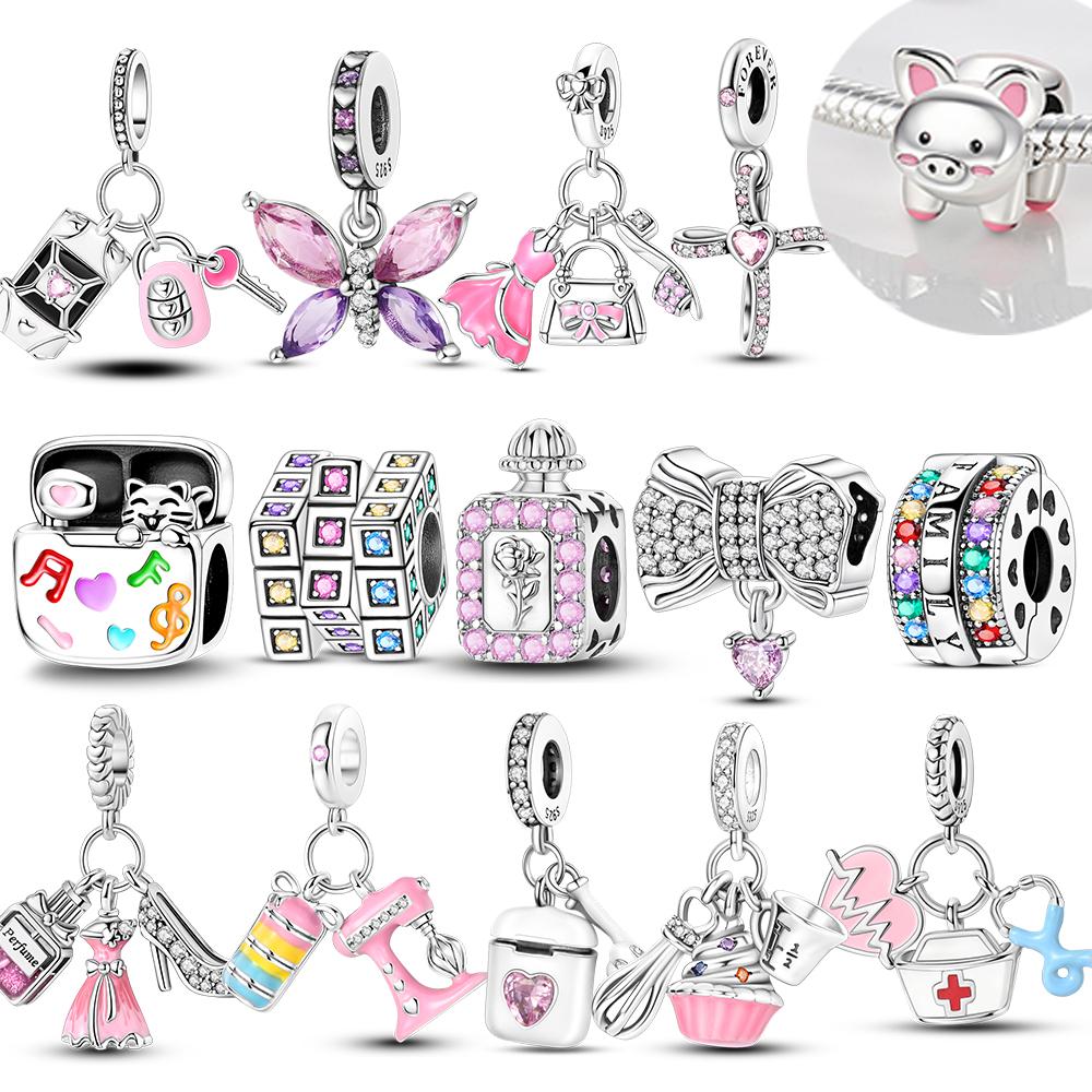 Brand Latest Arrival Compatible With Authentic Original Copper Metal Charm Bead Components Bead Components Bow Perfume Bottle Pink Charm Bead