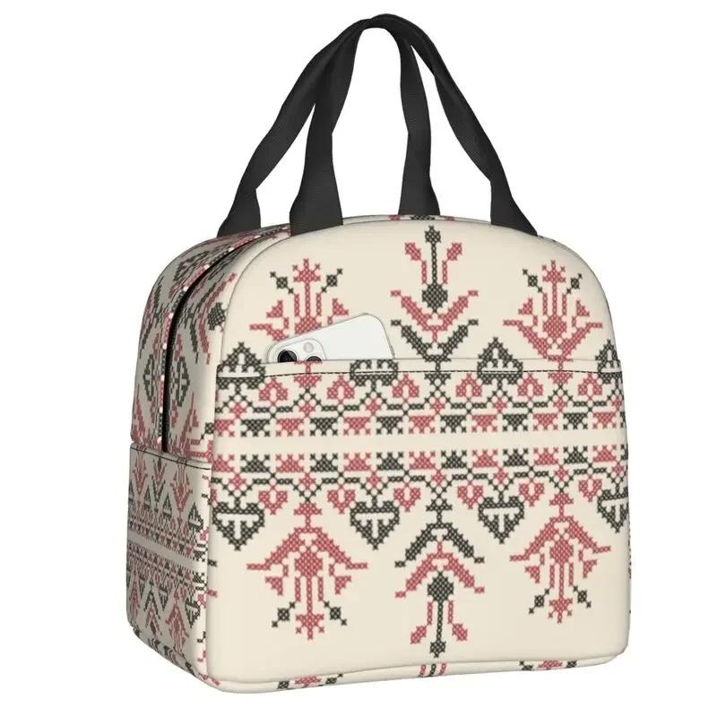Embroidery Traditional Folk Art Insulated Lunch Bag Tatreez Cross Portable Thermal Cooler Lunch Box