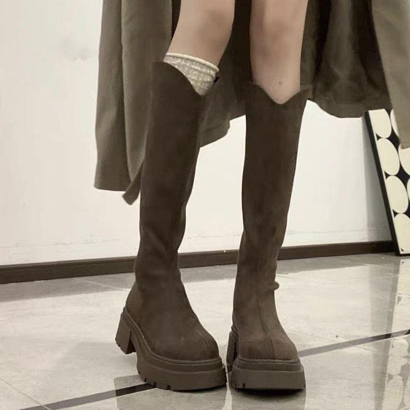 Boots Women's Widened Big Tube Circumference Boots Skinny Boots 2025 Autumn and Winter New British Style Thick-soled Heightened Elastic Boots