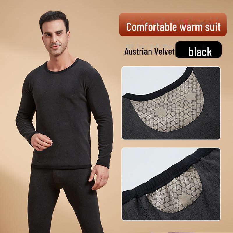 "Men's Black & Gold Patch Thermal Set: Velvet-Lined Autumn/Winter Underwear"