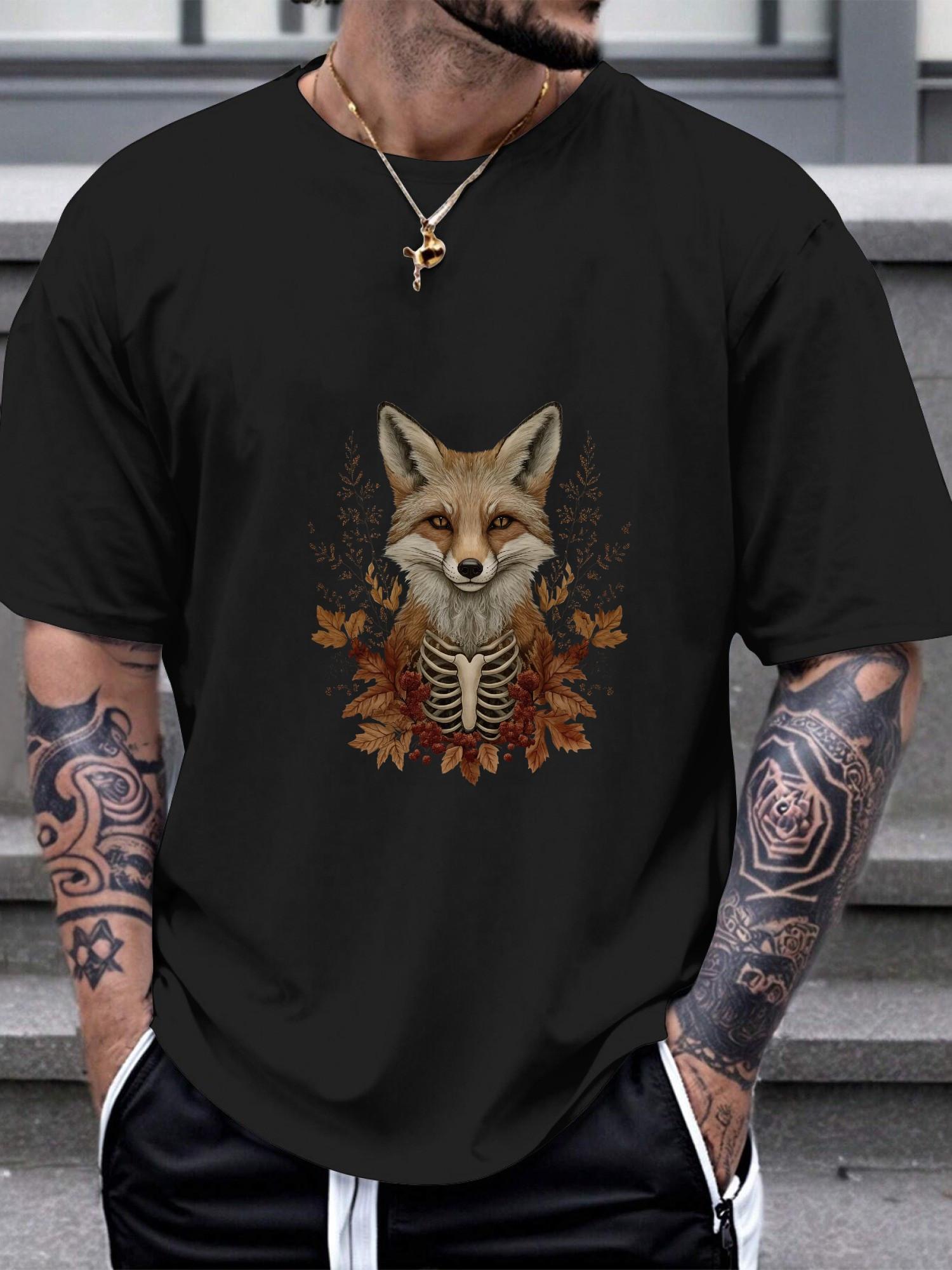 

Skeletal Fox & Autumn Leaves Graphic Black T-shirt - 180g Cotton Crew Neck Short Sleeve XXXXL