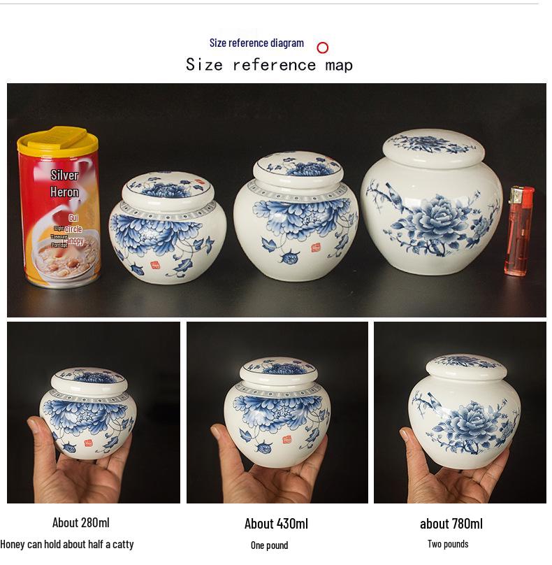 Airtight Blue & White Porcelain Ceramic Honey Jar with Twist-on Silicone Lid