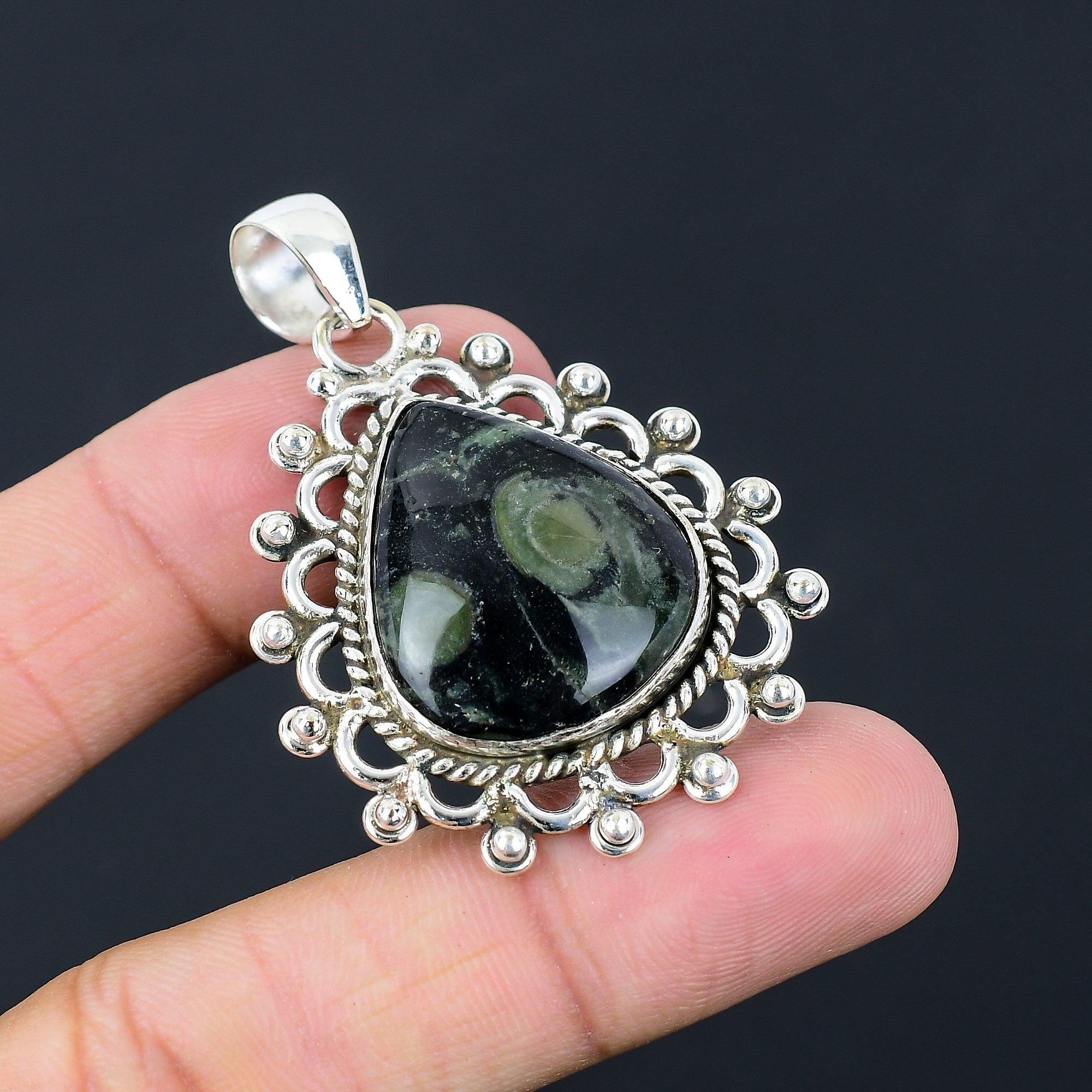 

Natural Kambaba Jasper Gemstone Pendant Green 925 Sterling Silver Indian Jewelry