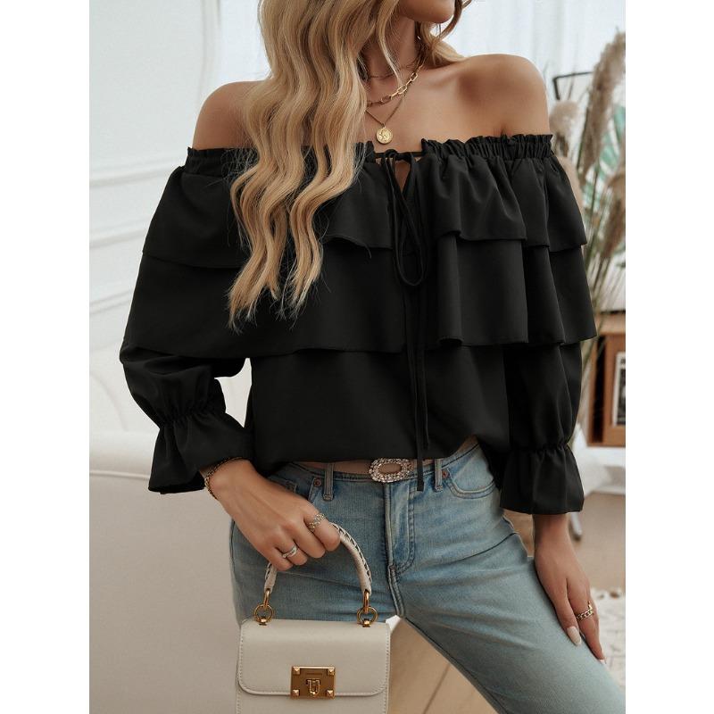 Women's Loose Drawstring Off Shoulder Lantern Sleeve Top