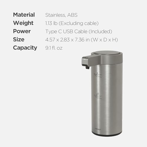 Mooas Automatic Liquid Soap Dispenser, Stainless Steel, Touchless Hand Soap Dispenser with 2 Adjustable Levels, IPX5 Waterproof, Motion Sensor, Dish D