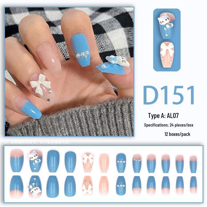 Medium-length Detachable False Nail Tips with Cute Cat Diamond Design, Blue, Skin-Brightening, Perfect for Students