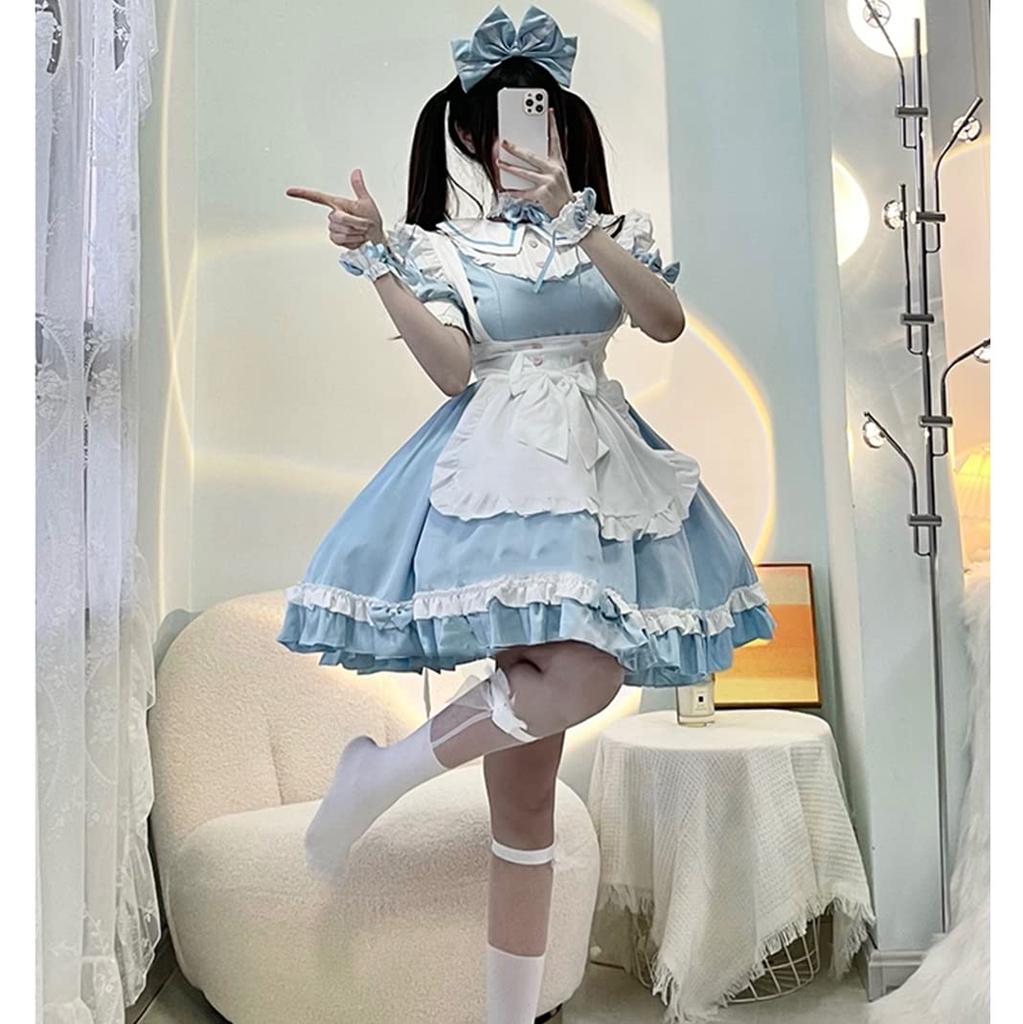Maid Outfit Cosplay Lolita Dress with Princess Long Light Mori Girl Dreamy Lace Christmas Blue [SSUPTEMBER2] Sleeves, Sleeves, Blue, Style, Cute,