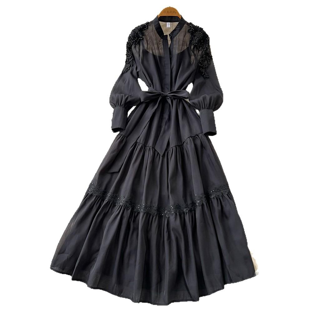 French Gentle Wind Lantern Sleeve Embroidered Dress Women's Spring Bead Waist Strap A-word Long Dress Temperament Commuter