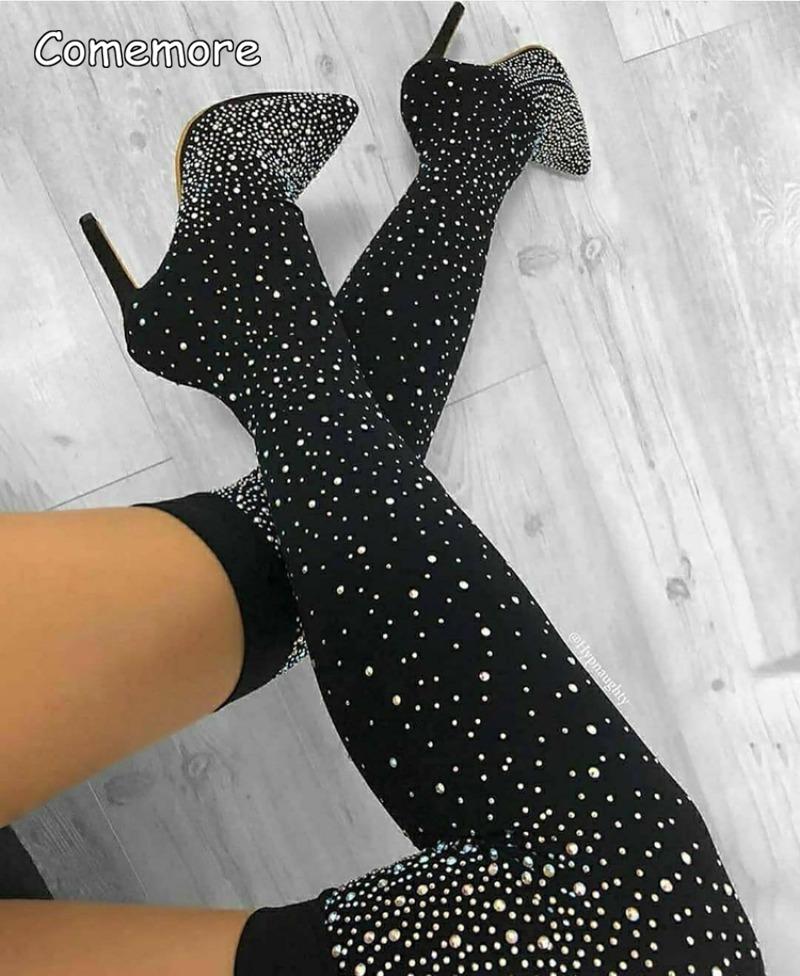 Comemore Rhinestone Pointed High Heel Sock Boot Outdoor Women Shoes Stiletto 2025 Women's Autumn Over The Knee Boots 43