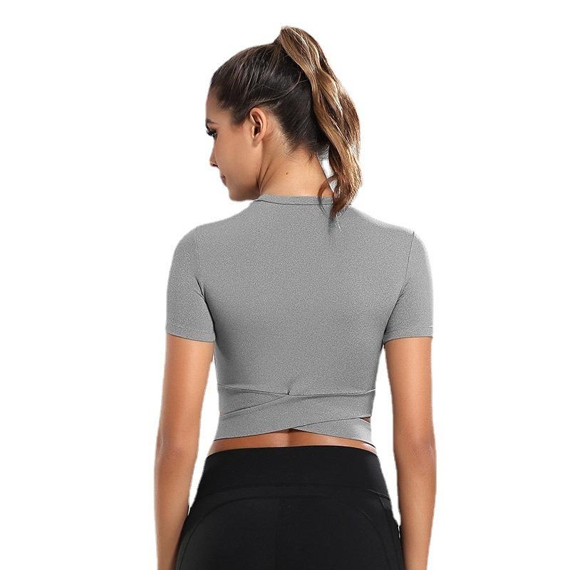 Women's Sports Slim Cross T-shirt Exercise Fitness Tops Revealing Yoga Clothing Running Exercise Short Sleeve