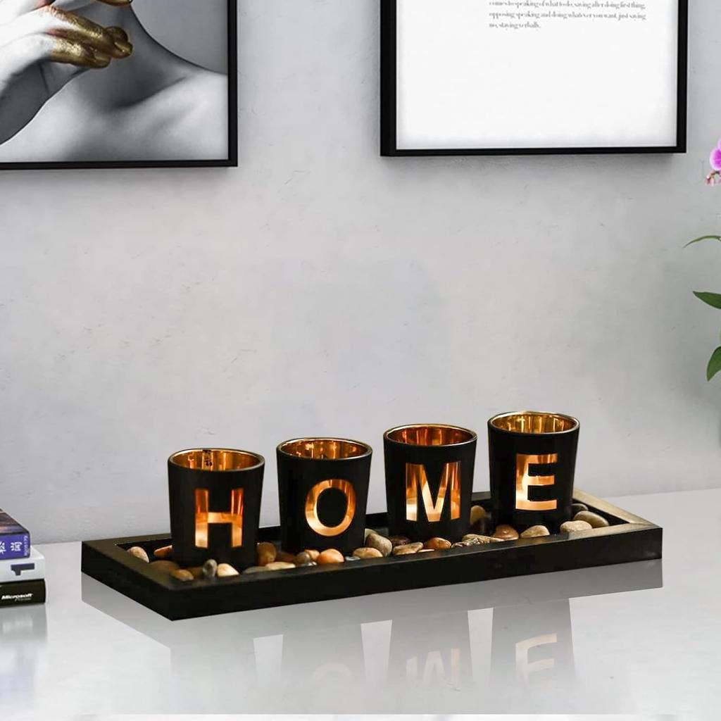 MrMrKura Home Decorative Candle Holder Set, 4 Glass Tea Light Candleholders with Wooden Candle Holders Tray, Natural Pebbles for Home Decor Table
