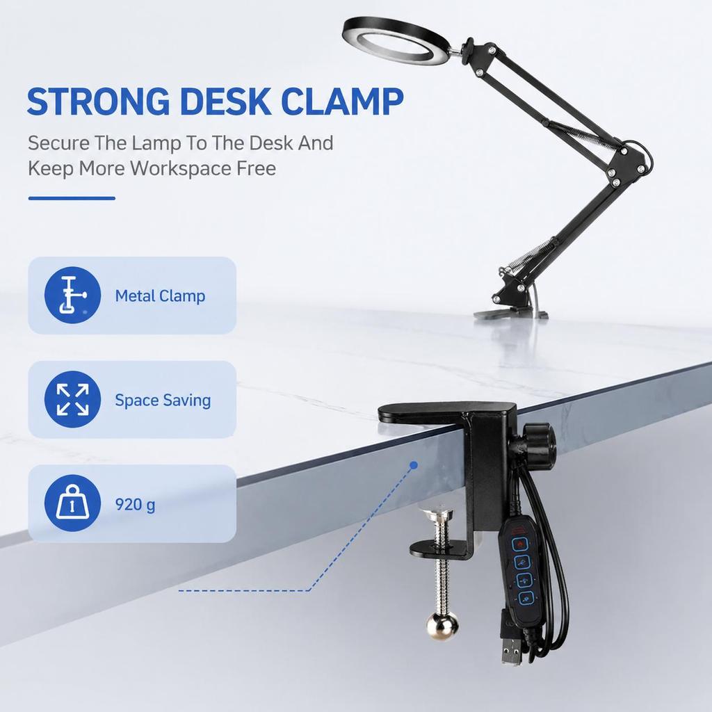 10X Magnifying Desk Lamp Metal USB Clamp Light for Crafts
