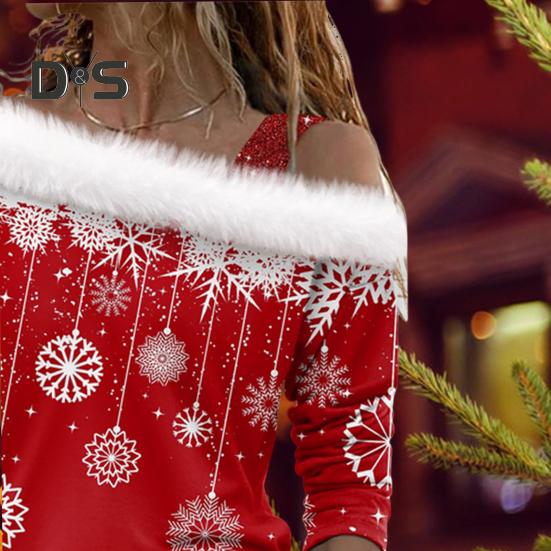 Women Christmas Top Hollow Out One Shoulder Shiny Sequin Long Sleeve Snowflake Print Thick Warm Pullover Color Matching Lady New Year Party Top