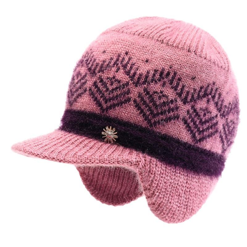 Winter Hat Female Old Lady Knitted Wool Hat Piled Thickened Warm and Cold Ear Hat