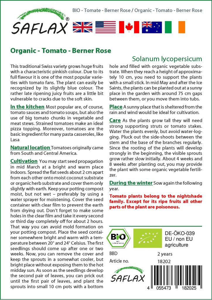SAFLAX Garden In the Bag - Organic - Tomato - Berner Rose - 10 Seeds - With Substrate In a Fitting Stand Up Bag - Solanum Lycopersicum