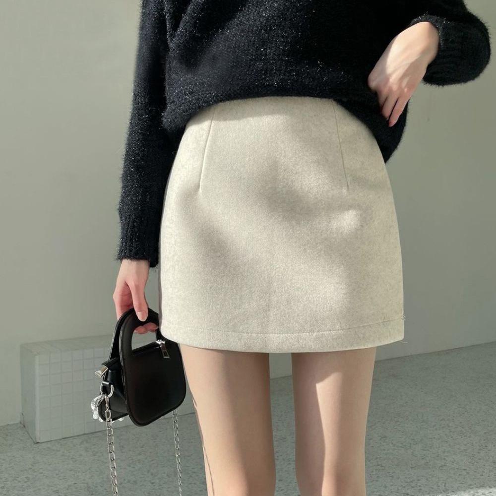 Women's Black Wool Blend High Waist A-line Short Skirt - Autumn/Winter 2026 Collection, Plus Size, Petite, Slimming Fit