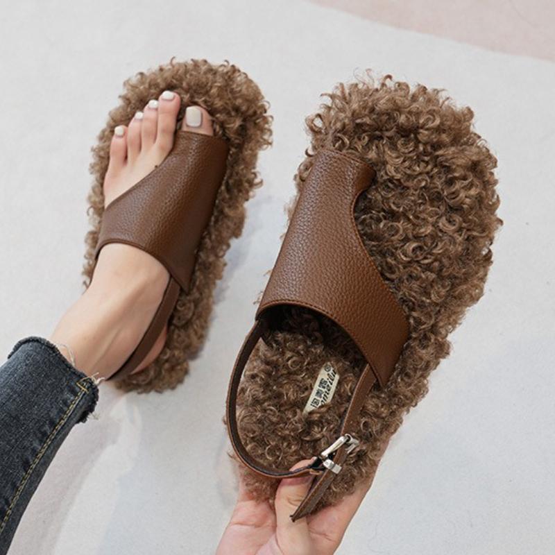 

Fashion Cozy Warm Fluffy Flat Slippers Women Fashion Clip Toe Back Strap Buckle Designer Shoes 42 Plus Size Flip Flops Zapatos De Mujer 42 коричневый