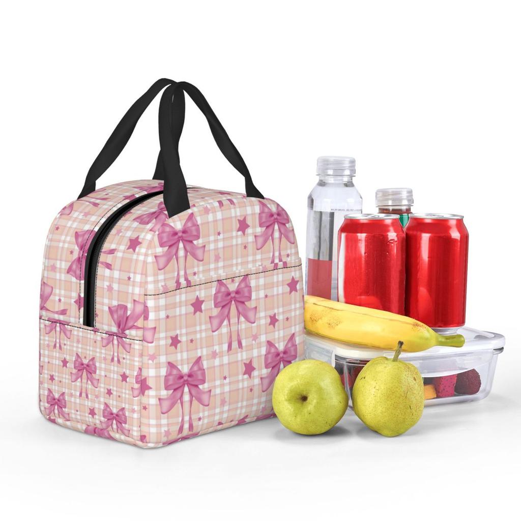 Pink Plaid, Bows And Stars Insulated Lunch Bag for Women Office Cooler Thermal Food Box Tote Portable Lunch Boxes Container