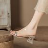 H368-2 Silver One-word Slippers with High Heels, Transparent Crystal and Summer Sandals, Solid Color Xiaoxiangfeng Shoes for Women