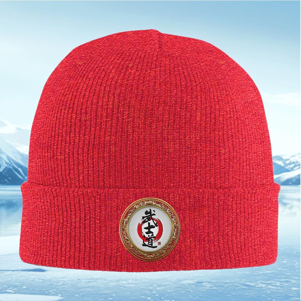 Circle Calligraphy Art Red Gold Frame Men Women Unisex Knitted Hat Beanie Pullover Cap Winter Thermal Warm Christmas Outdoor Cyc
