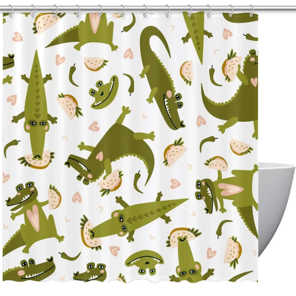 Cartoon Style Animal Shower Curtain Funny Crocodile Kids Shower Curtain Waterproof Fabric Bathroom Decor Screen with Hooks