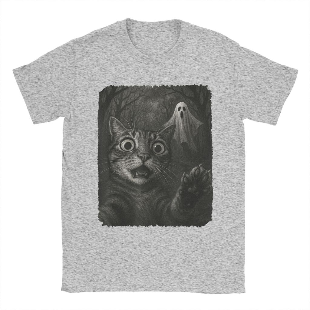 Men T-Shirt Cat Selfie with Spooky Ghost Funny 100% Cotton Tee Short Sleeve Funny Halloween T Shirts Round Neck Clothes Graphic