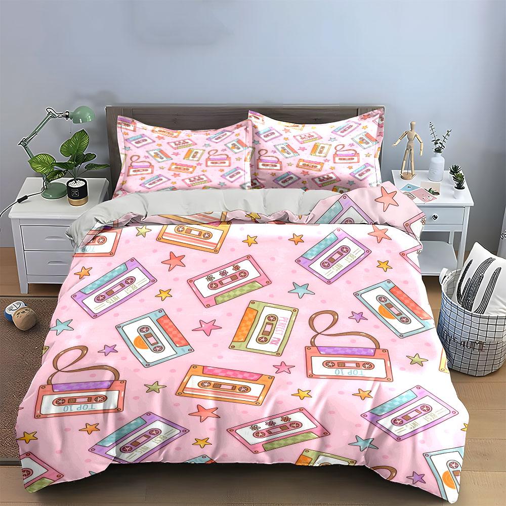 Retro Cassette Pattern Decor Set Bedding Set with 1 Duvet Cover 2 Pillowcases Single Double King Queen Gift