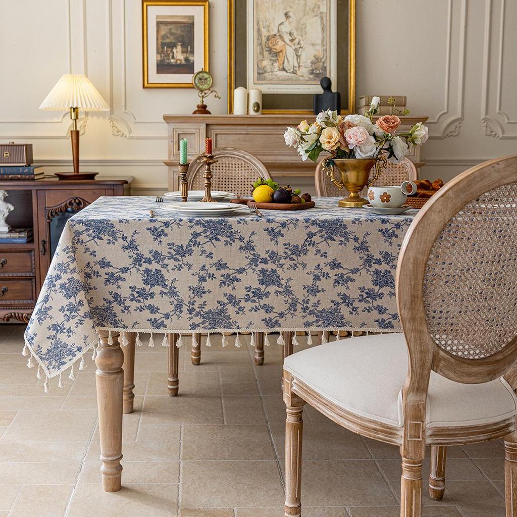 Retro Black Floral Tassel Tablecloth – Rectangular, American French Pastoral Style Coffee Table Cover.