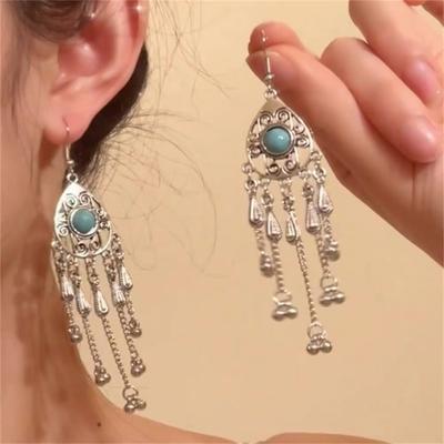 New Chinese Style Imitation Turquoise Ethnic Style Earrings Women's Niche Fringed Earrings Fashionable Versatile Style Earrings