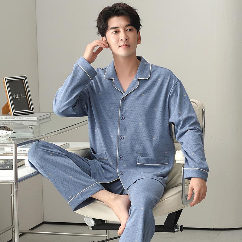 Pajamas Spring And Autumn Men'S Pure Cotton Long-Sleeved Trousers Medium Dad Plus Size Loungewear Set