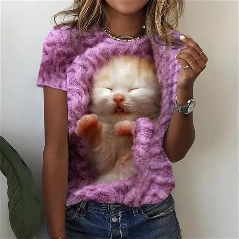Women's T Shirts Funny 3D Kawaii Cat Print T-Shirts Fashion O-neck Short Sleeve Top Oversized Female Y2k Clothing Cute Girl Tees