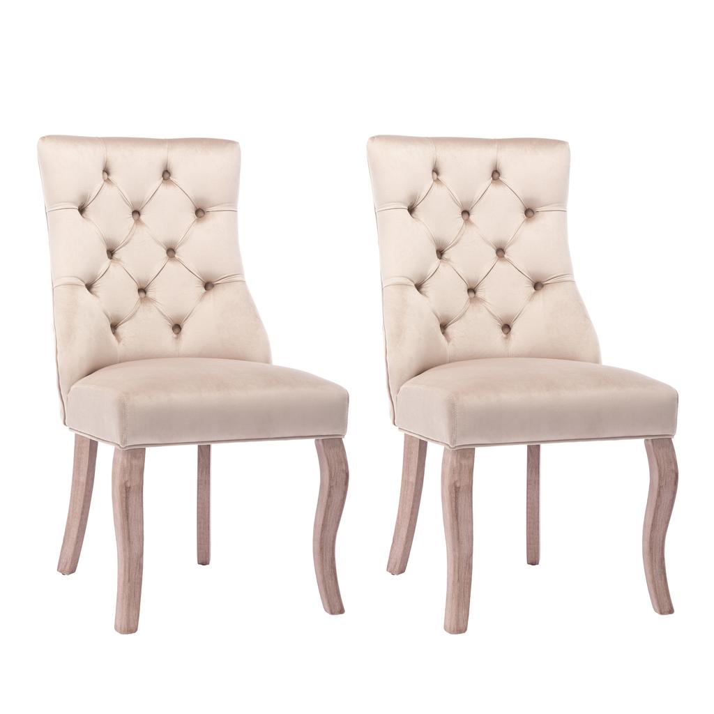 4-Leg Chair, Beige Velvet Dining Chair, High Backrest, with Button Tufting, Solid Wood Frame, Beige (Set of 2)