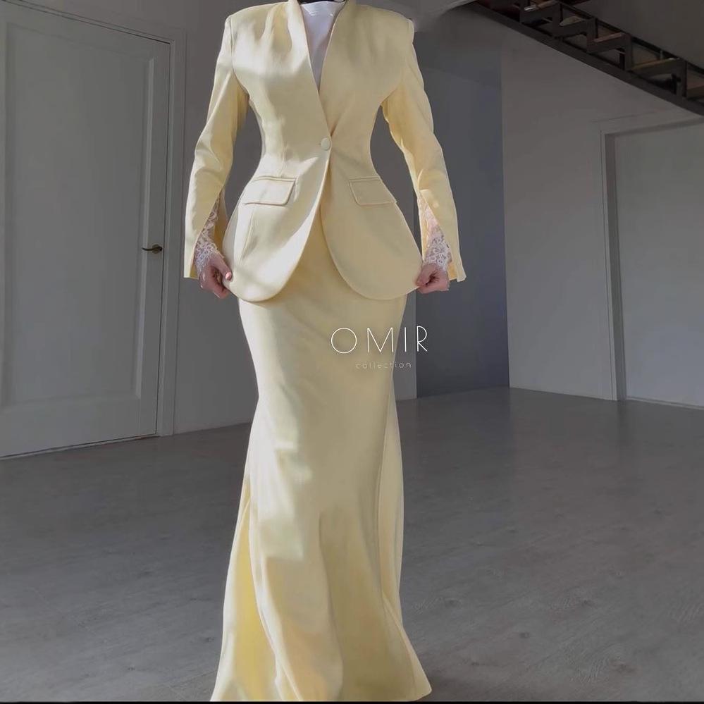 European-Size Women's Satin Suit Set: Long Sleeve, Waist-Hugging with Hip-Wrapping Skirt