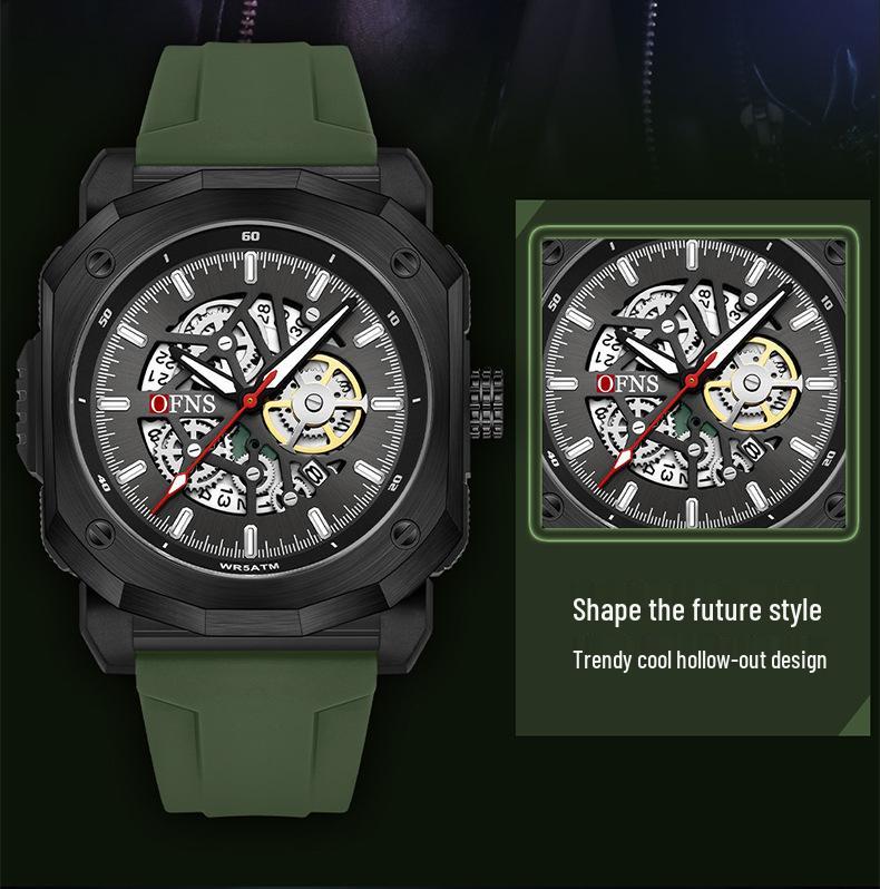 Oufanni Men's Waterproof Luminous Skeleton Quartz Wristwatch with Calendar