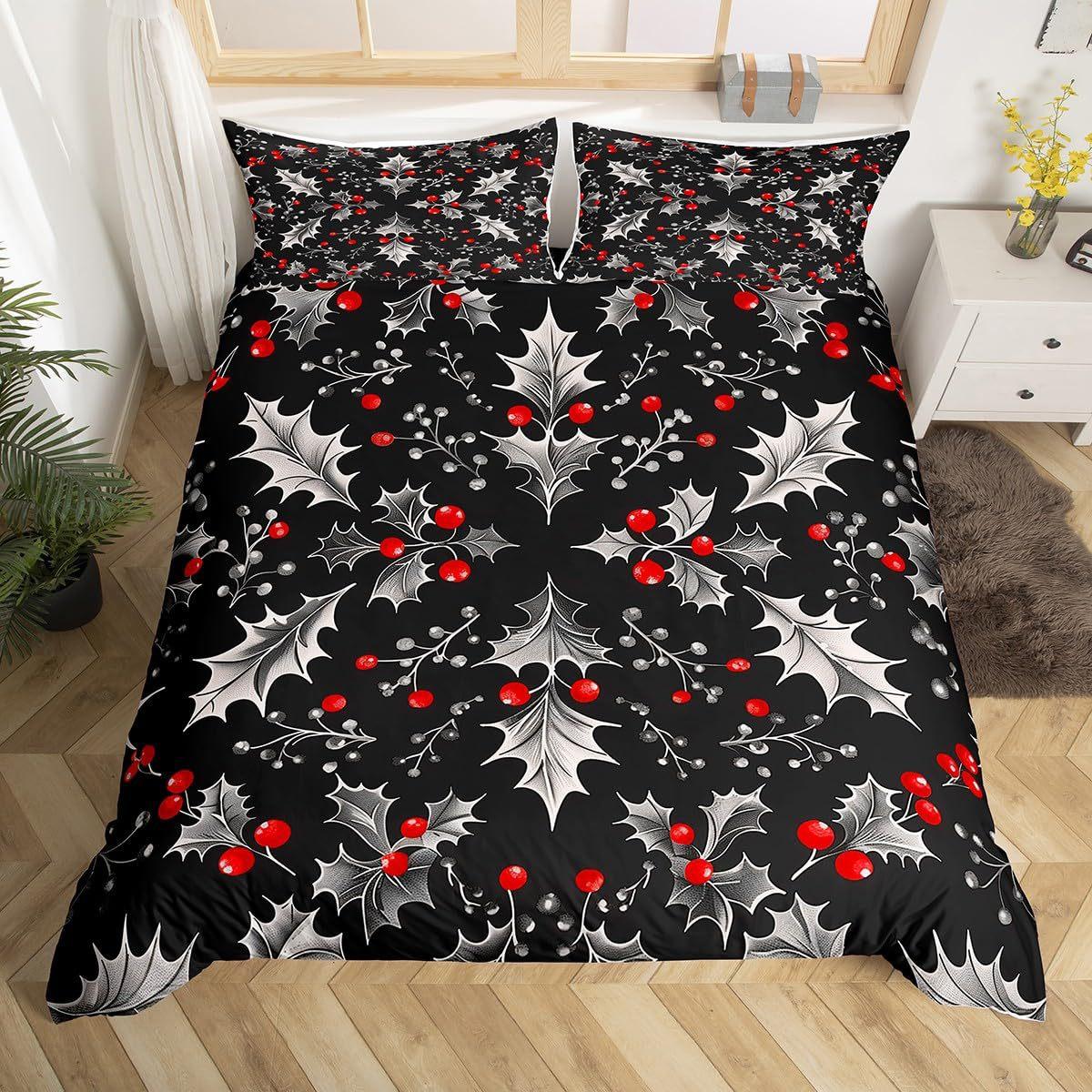 Christmas Holly Pattern Down Comforter Set Bedding Set 3-piece Duvet Cover Set 135*200cm