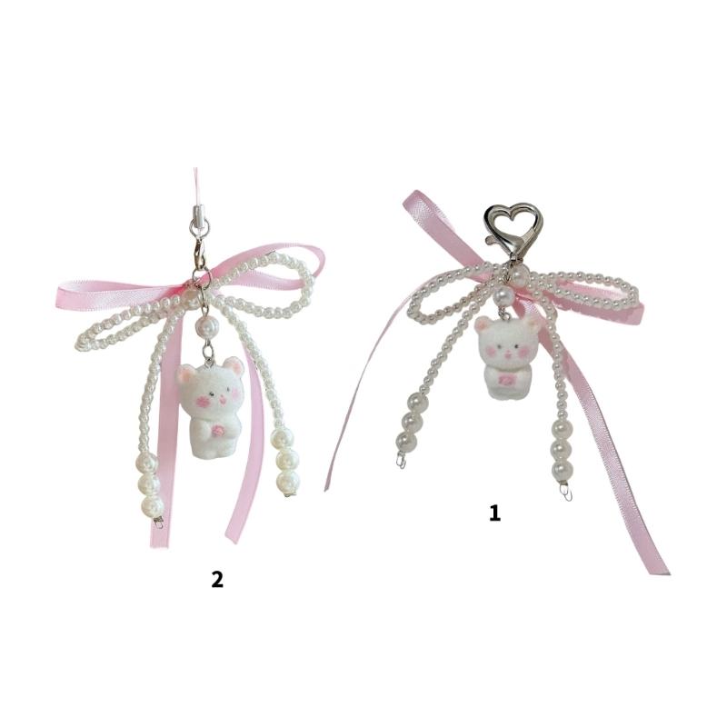 Flocking Bear Keychain With Pearls Ribbon Bowknot Charm Practical Key Holder Bacpack Accessory For Women Girls