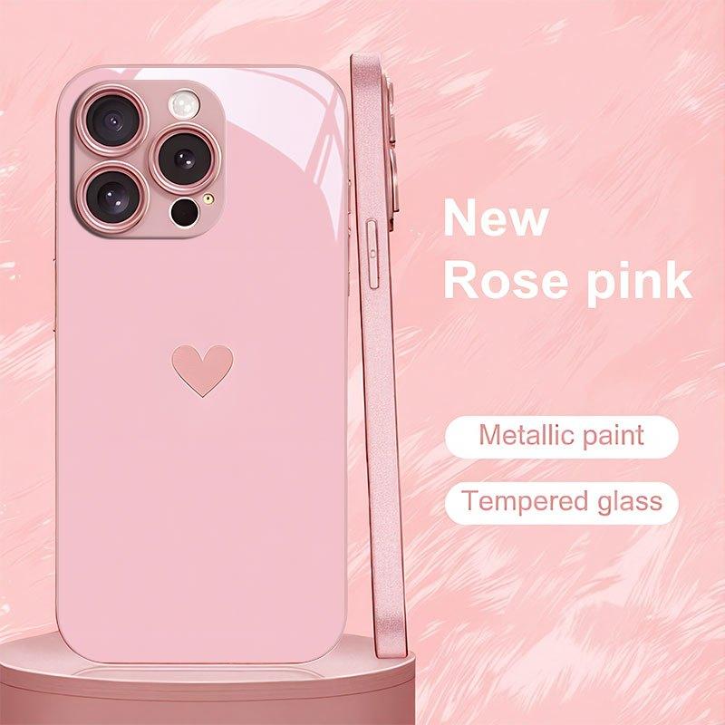 Carcasă de telefon din sticlă securizată cu model roz în formă de inimă, potrivită pentru iPhone 17 16 15 14 13 12 11 Pro Max Plus, capac spate rezistent la șocuri