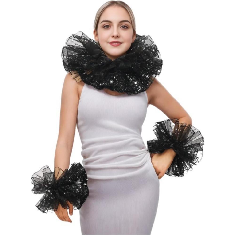 

Costume Accessories Vintage Style Ruffled Collar Clown Cosplay with Gloves Fake Collar Shawl Mesh Lace Neck Collar чёрный