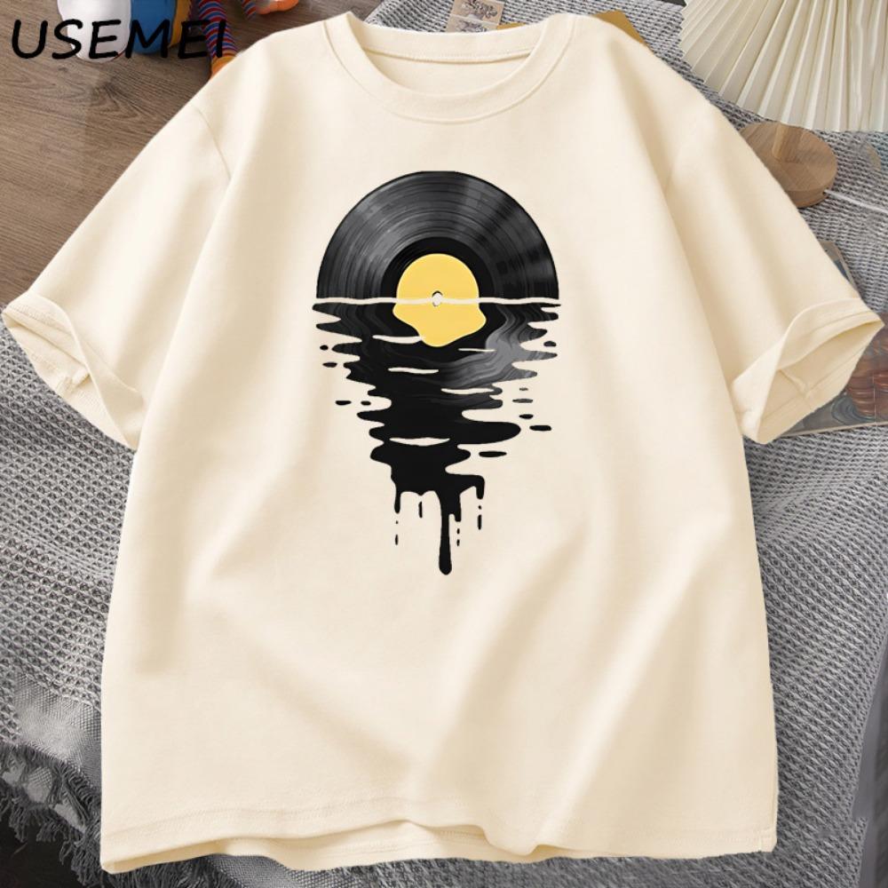 Record T Shirt Vinyl Cool Sunset Retro Music Lover DJ Music Teacher Cotton Short Sleeved Summer