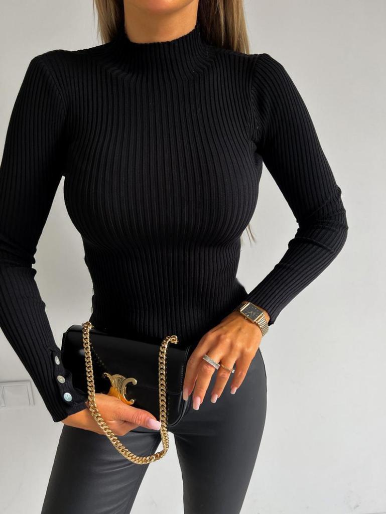 Autumn/Winter 2025 High Neck Slim Fit Ribbed Sweater for Women with Shell Buttons