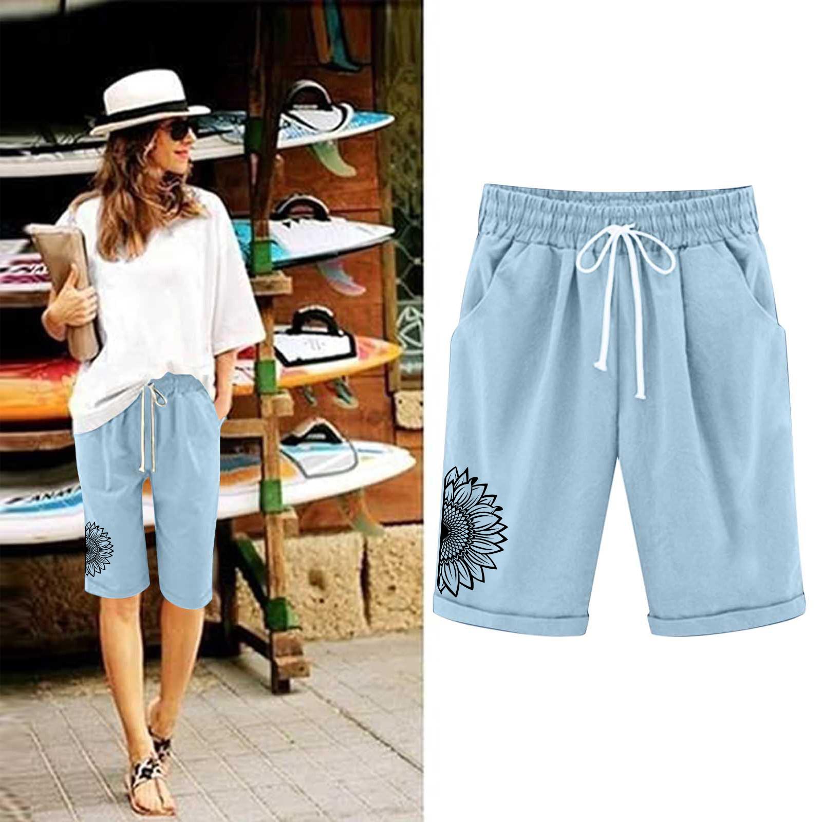 

Шорты больших размеров для женщин, эластичные пышные хлопковые льняные шорты-бермуды с эластичной резинкой на талии, повседневная пляжная одежда L синий