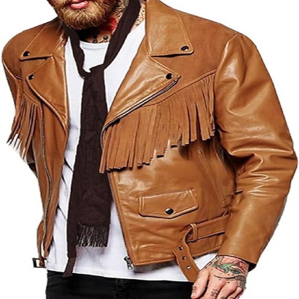 NOORA Asymmetrische Bikerjacke aus Lammleder mit Fransen für Herren in Hellbraun