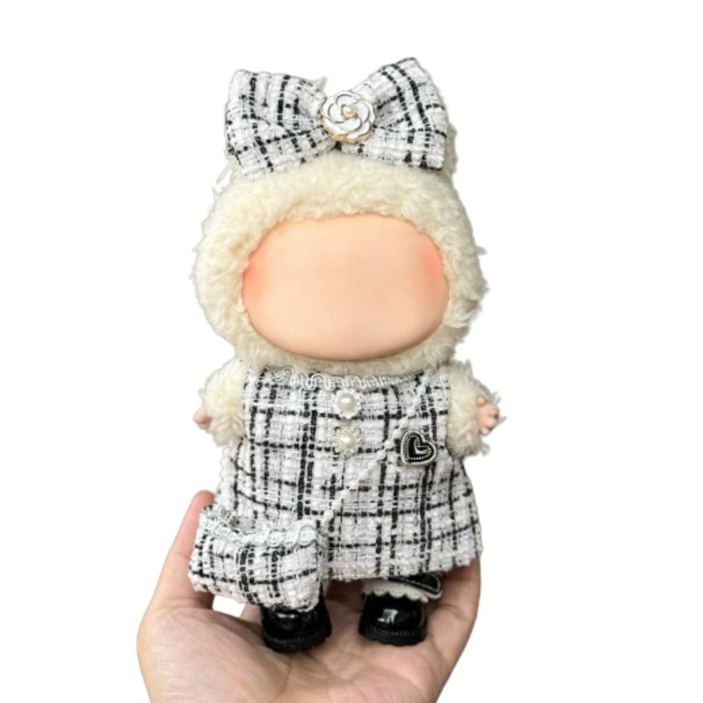 Lovebu Vestiti di Peluche 17cm, Costume Carino (Nastro, Borsa e Outfit) per Bambole di Peluche Labubu, Bianco