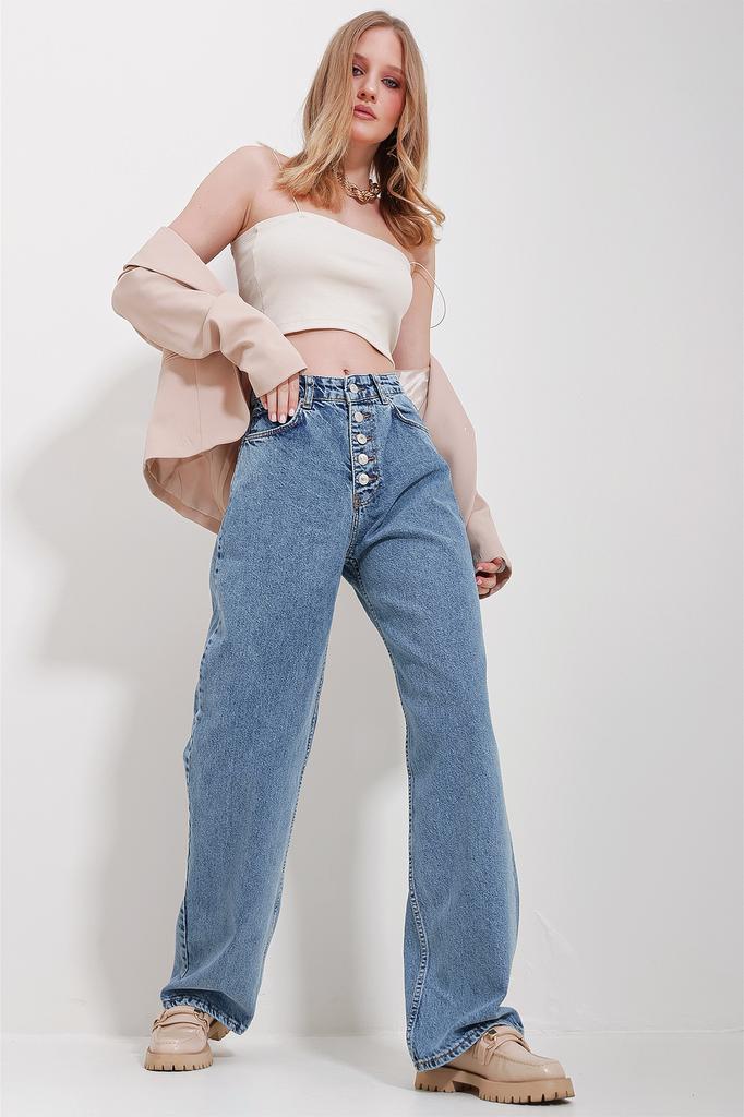 Damskie Spodnie Nowy Sezon Moda Niebieskie Wysoki Stan 5 Guzików Kieszeń Spodnie Jeansowe Śnieżnie Wycierane