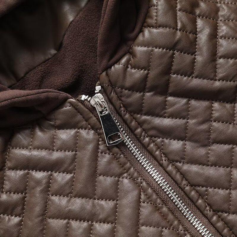 2024 Autumn Women's European & American Style Hooded Faux Leather Long Sleeve Loose Jacket